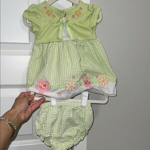 VINTAGE Y2K Green Gingham & Pink Floral Flowers Baby Dress Cardigan Bloomer Set